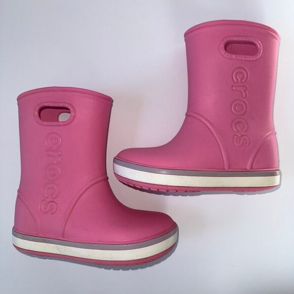 CROCS Pink Rain Boots Kids J 1 play condition dmg - Picture 2 of 12